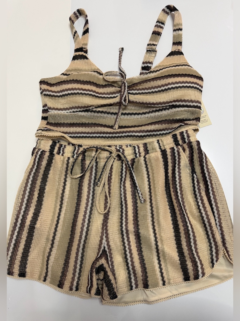 No Boundaries Beige Brown Striped Knit Tank Top & Shorts Set